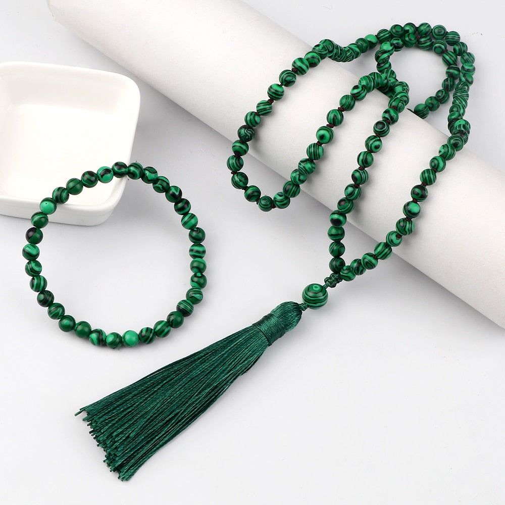 Tibetan 108 Mala Bracelet Necklace High Quality Natural Stone Beads Green Malachite Necklace