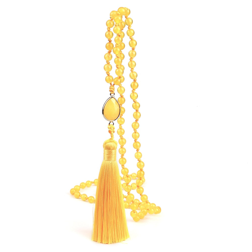 Fashion 108 Mala Natural Yellow Chalcedony Beads Necklaces For Women