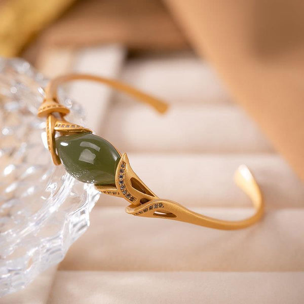 Original design diamond-studded natural Hetian jade green geometric open bracelet