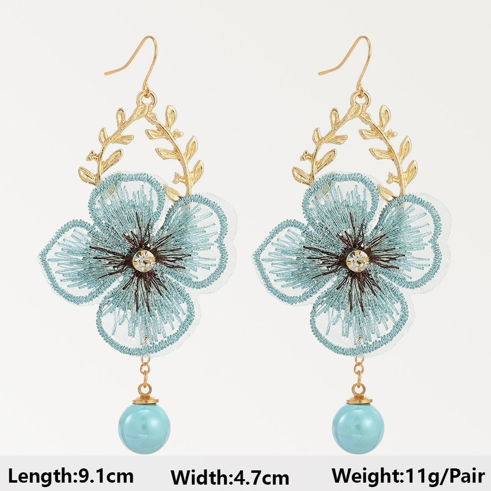 Fashion Heart Flower Light Blue Long Hanging Earrings For Women