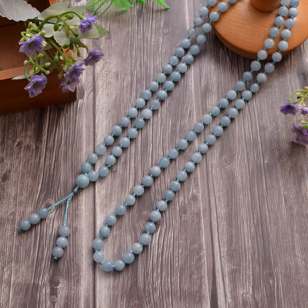 8mm Aquamarine Beaded Knot 108 Mala Necklace