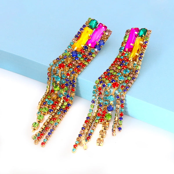 New Long Tassel Rhinestone Colorful Earrings Sparkle Drop Dangle Earrings