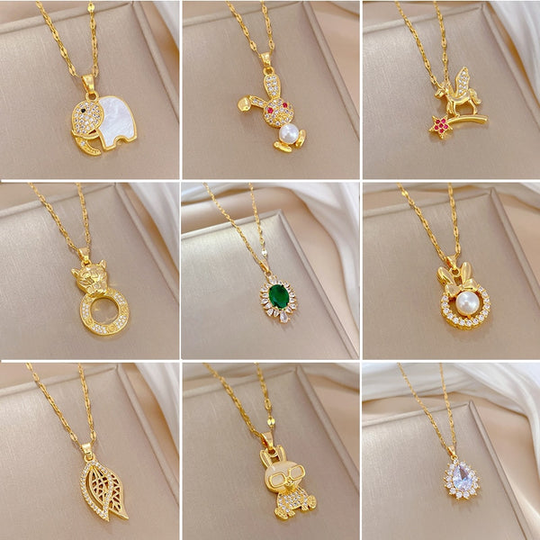 Gold Plated Multiple styles Charm Rhinestone Elephant Leaf Heart Pendant Neckalce For Women