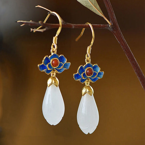 Classic Design Inlaid Natural Hetian Magnolia Flower Earrings