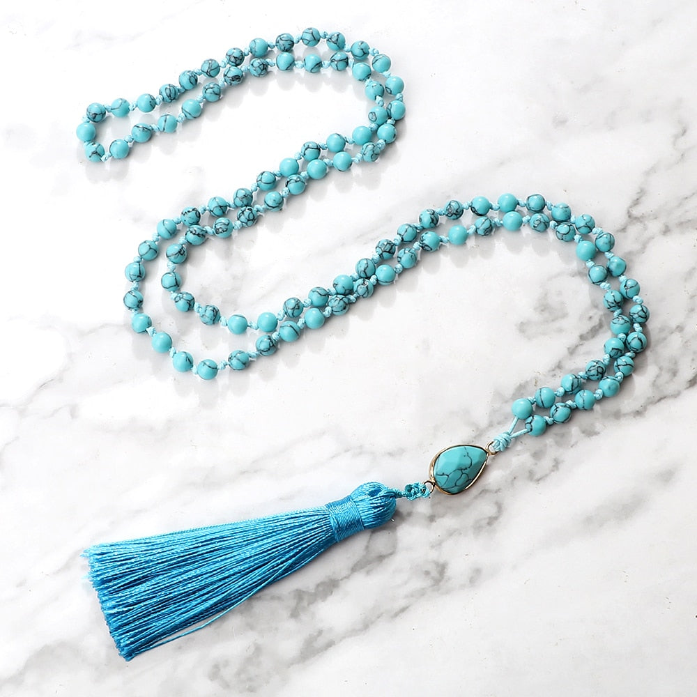 Natural Blue Pine Stone 108 Mala Beads Long Necklaces 6mm Natural Stone Pendant Women