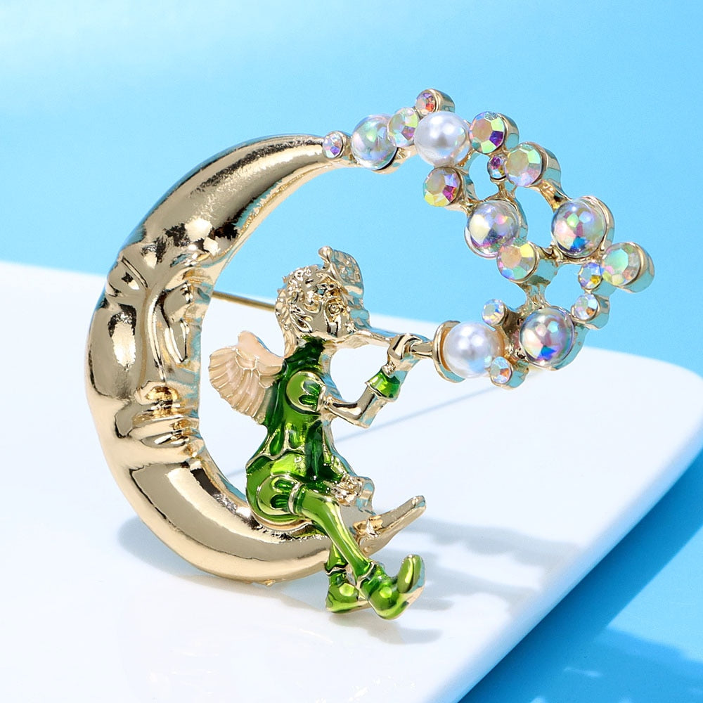 Cute Little Angel Blowing Bubbles On The Moon Brooch Kids Pin Good Blessing Jewelry