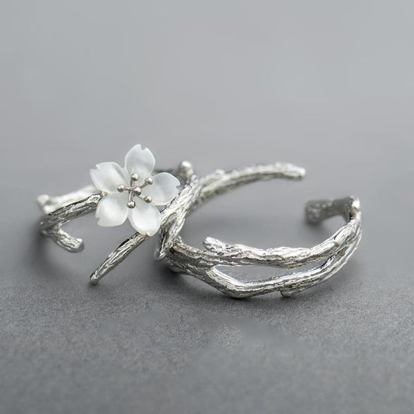 New s  silver original design snow cherry blossom couple opening adjustable ring