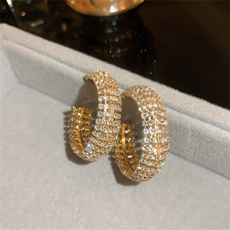 Korean Style Gold Color Hoop Earrings Geometric Rhinestones Earrings