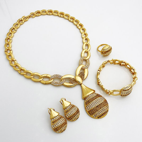 Dubai Gold Color Jewelry Sets For Women Ring Link Large Pendant Necklac Earrings Set