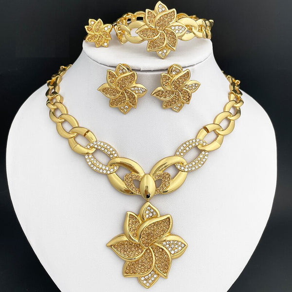 Dubai Gold Color Jewelry Set For Women Flower Necklace Earrings Set