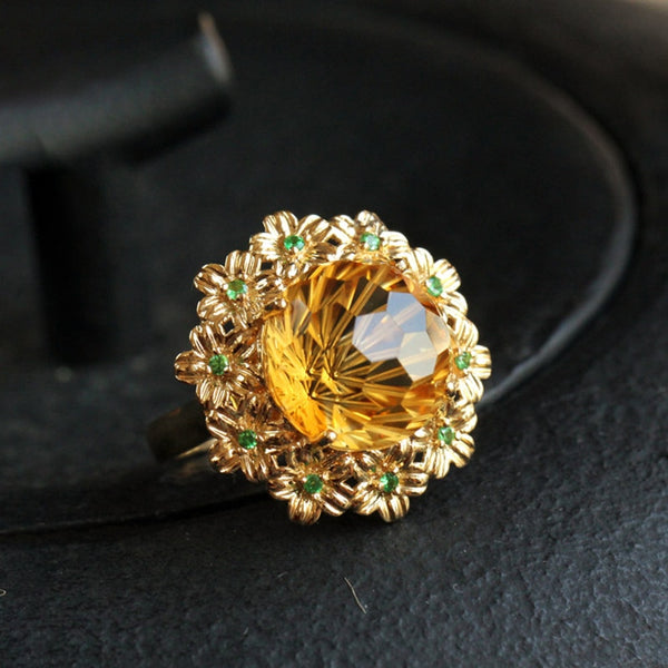 Crystal Inlaid Broken Green Gold-plated Light Luxury Palace Style Flower Ladies Ring