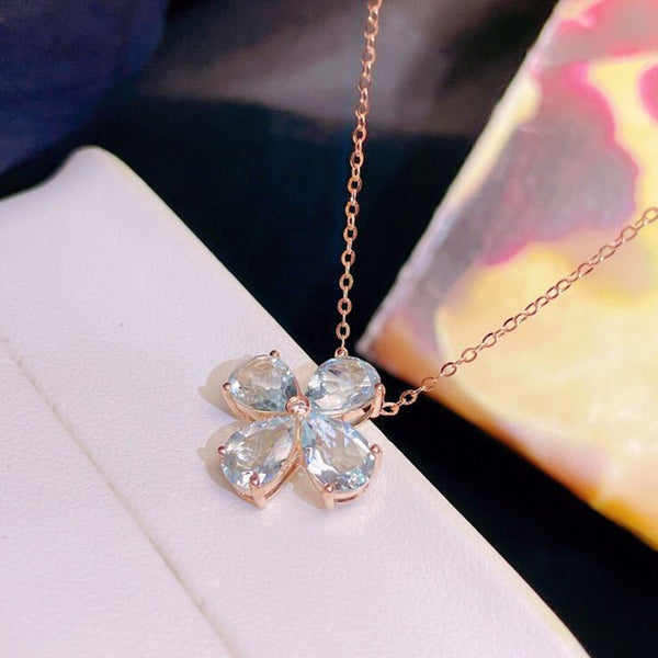 S925 Sterling Silver Inlaid Rose Gold Blue Crystal Pendant Flower Ladies Necklace