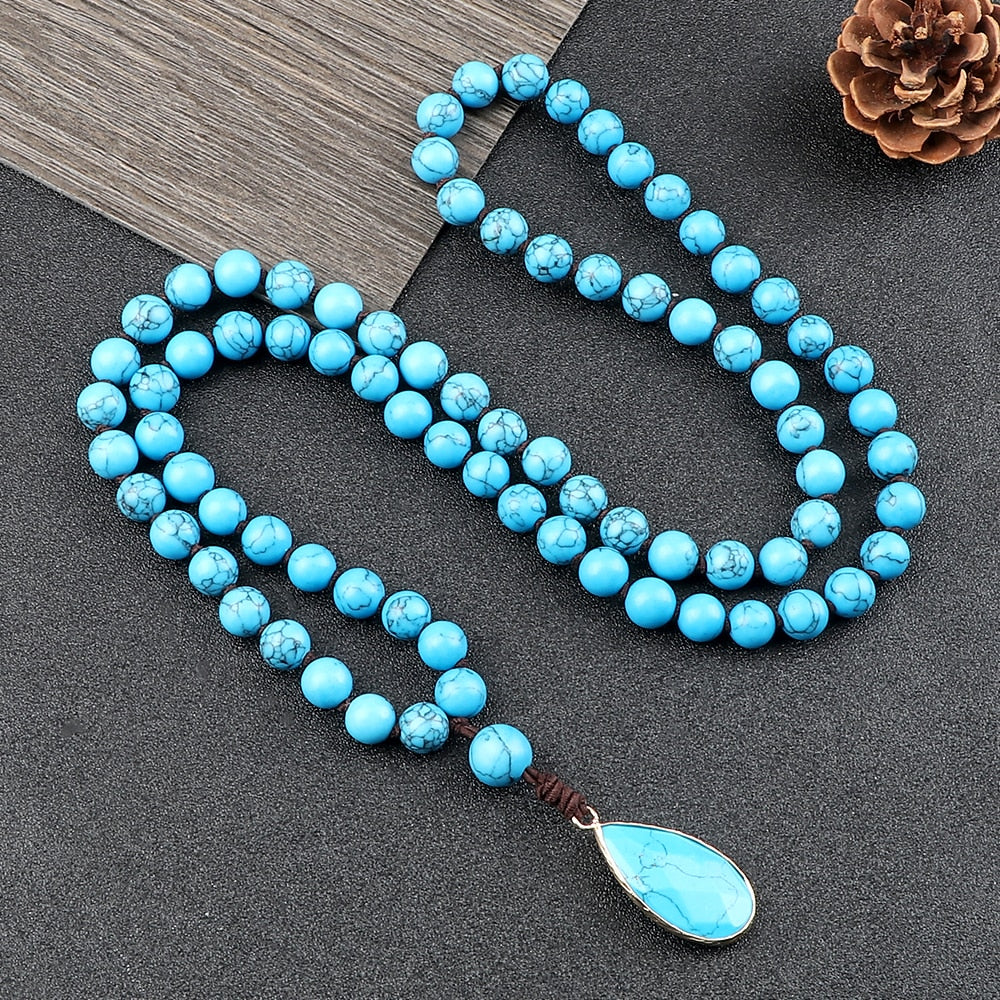 8mm Natural Blue Howlite Stone Beaded Necklaces For Women Bohomia Pendant Japamala Necklaces