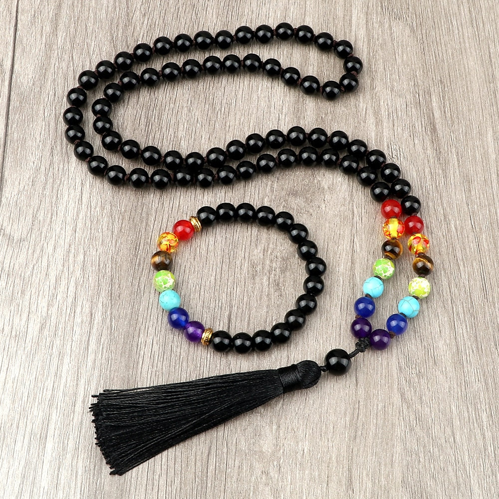 2pcs/set Men Black Onyx Beaded 7 Chakra Bracelets Necklaces