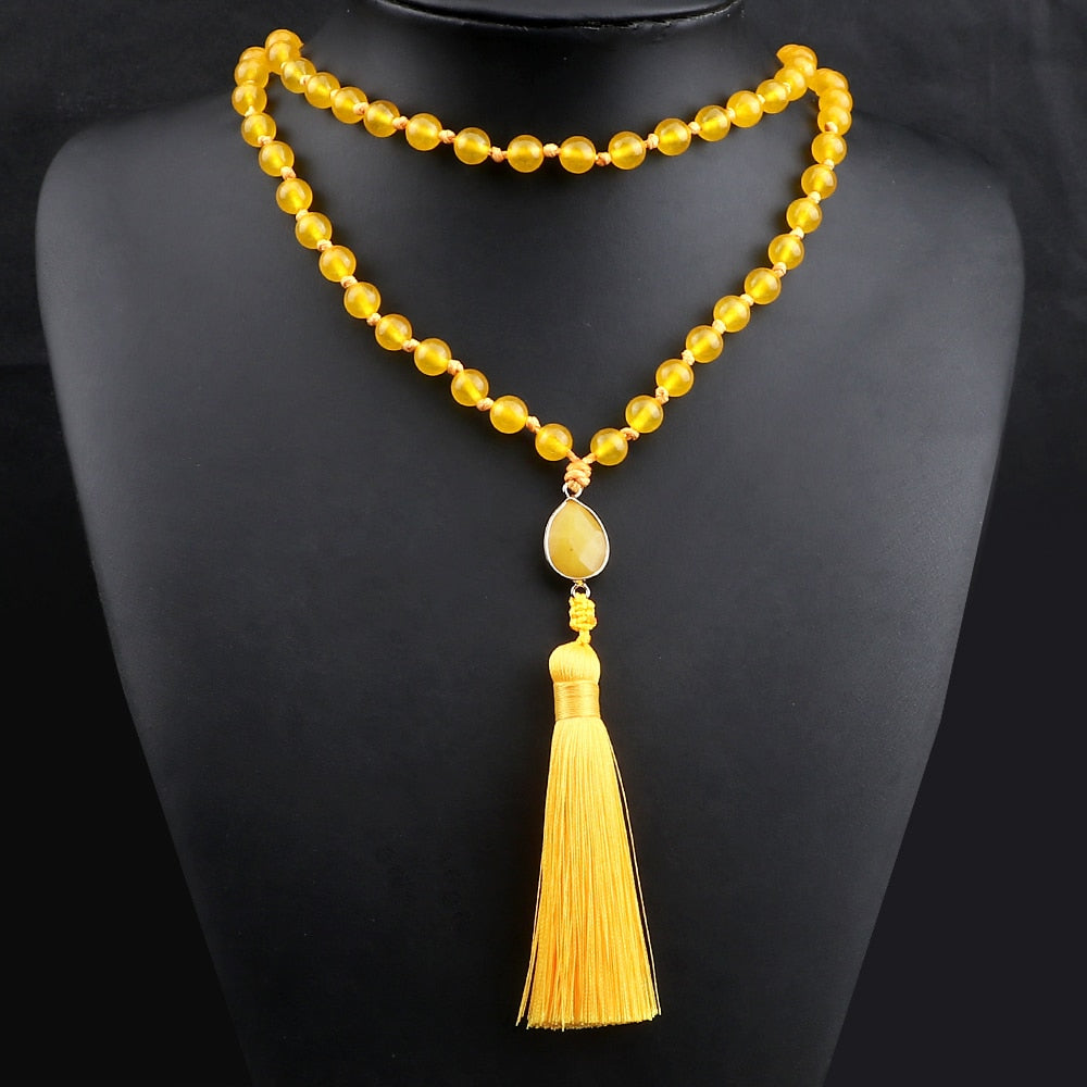 Fashion 108 Mala Natural Yellow Chalcedony Beads Necklaces For Women