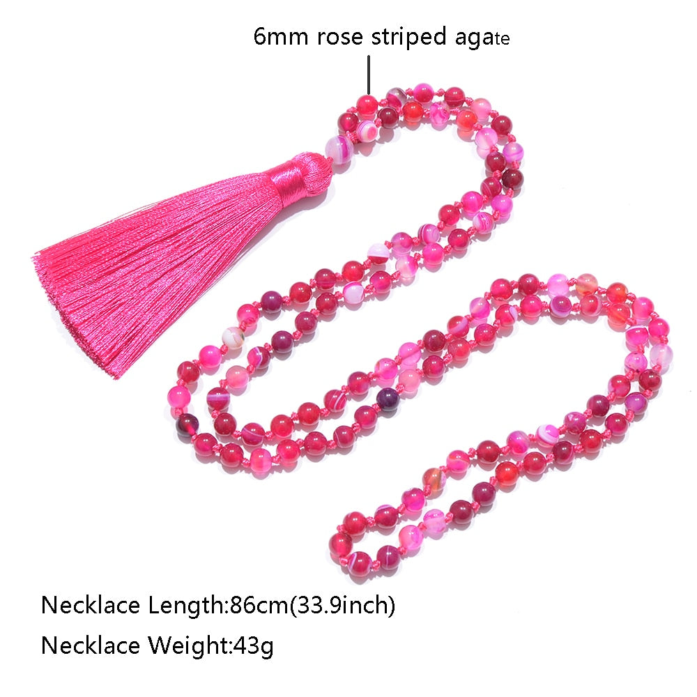 6mm Rose Red Striped Agate Beads Knotted 108 Mala Necklace