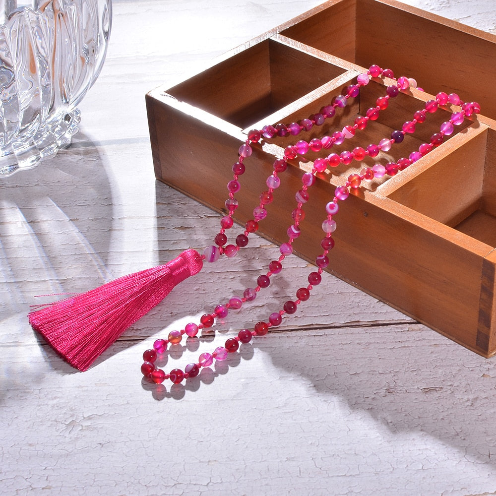 6mm Rose Red Striped Agate Beads Knotted 108 Mala Necklace