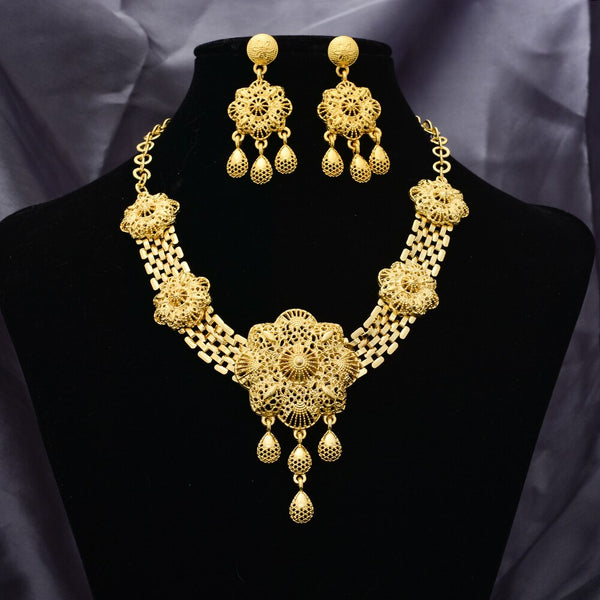 Jewellery Set Gold Color Flowers Necklace Earrings Set Dubai Wedding Ornament Bridal Gifts For Women