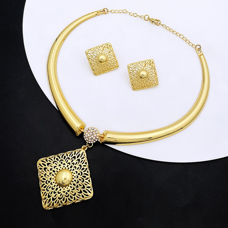 Necklace With Earrings For Women Square Large Pendant Brazilian Gold Jewelry Set