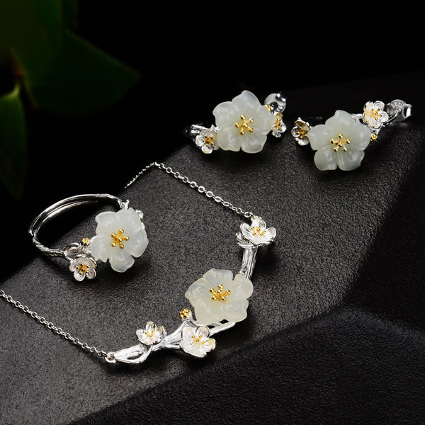 Natural Hotan Jade plum blossom jewelry sets Elegant and luxurious ring earrings