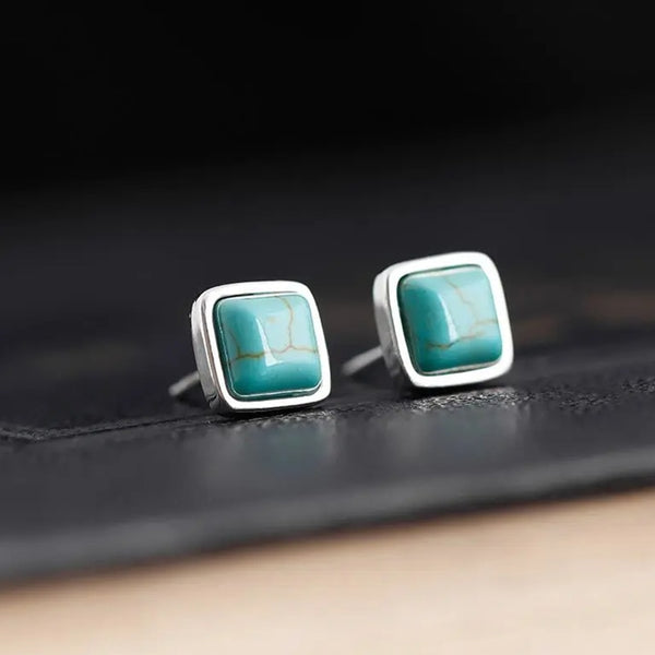 Designer New Original Retro Chinese Inlaid Turquoise Square Stud Earrings