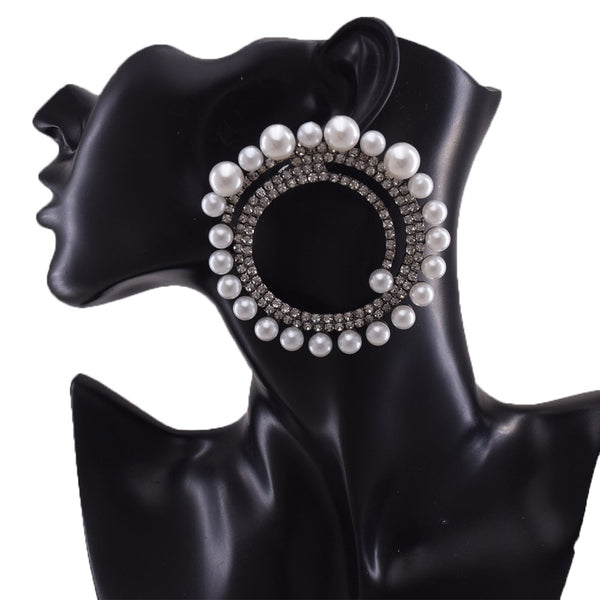 7cm Stud Earring for Women Exquisite Cream Pearl Rhinestones Jewelry