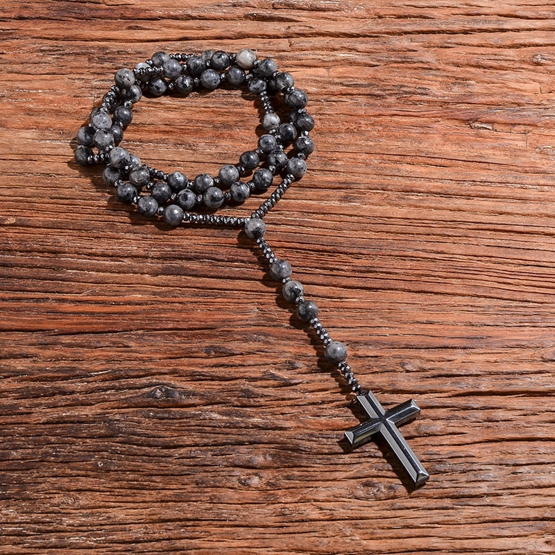 8mm Natural Stone Bead Hematite Cross Pendant For Men Women