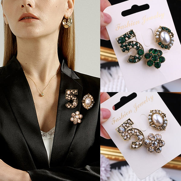 3 pcs/set Elegant Women Fashion Pearl Crystal Brooches