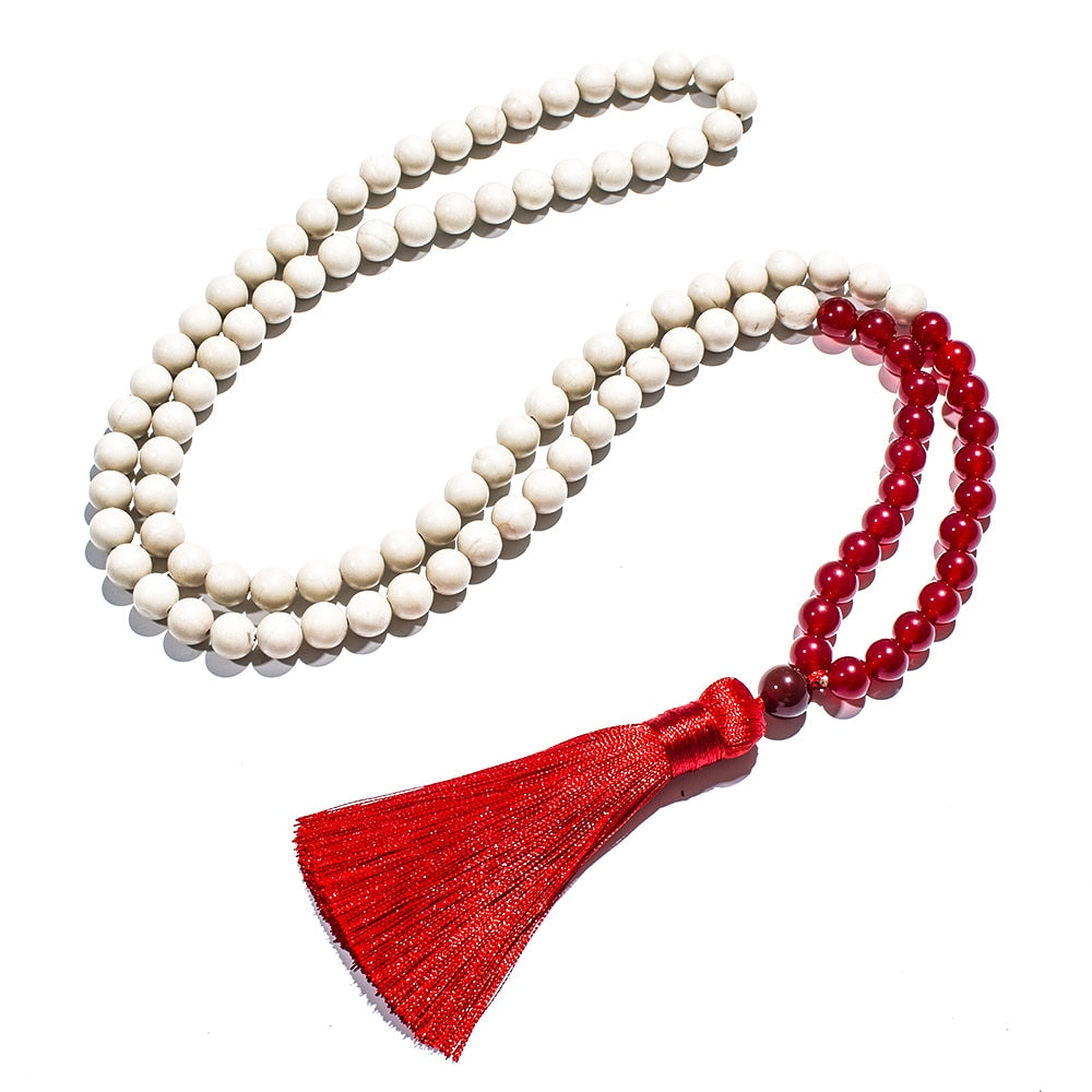 8mm White Fossil Red Agate Beaded 108 Mala Necklace