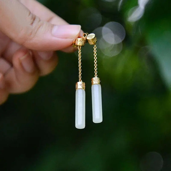 Original new silver inlaid natural Hetian white jade strip Chinese long earrings