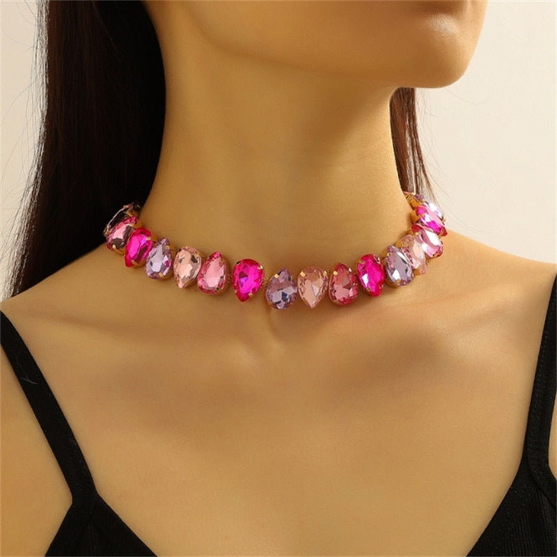 Water Drop Colorful Crystal Choker Necklaces for Women