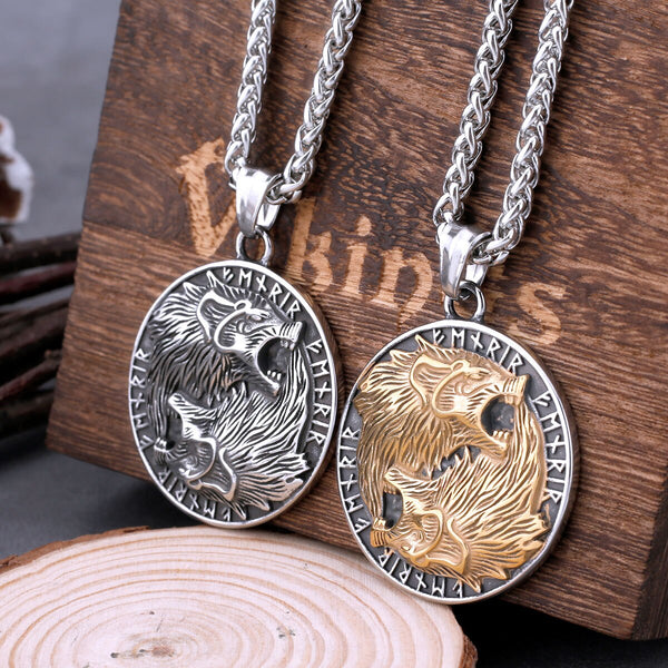 Vintage Nordic Vikings Odin Wolf Compass Rune Necklace Men's