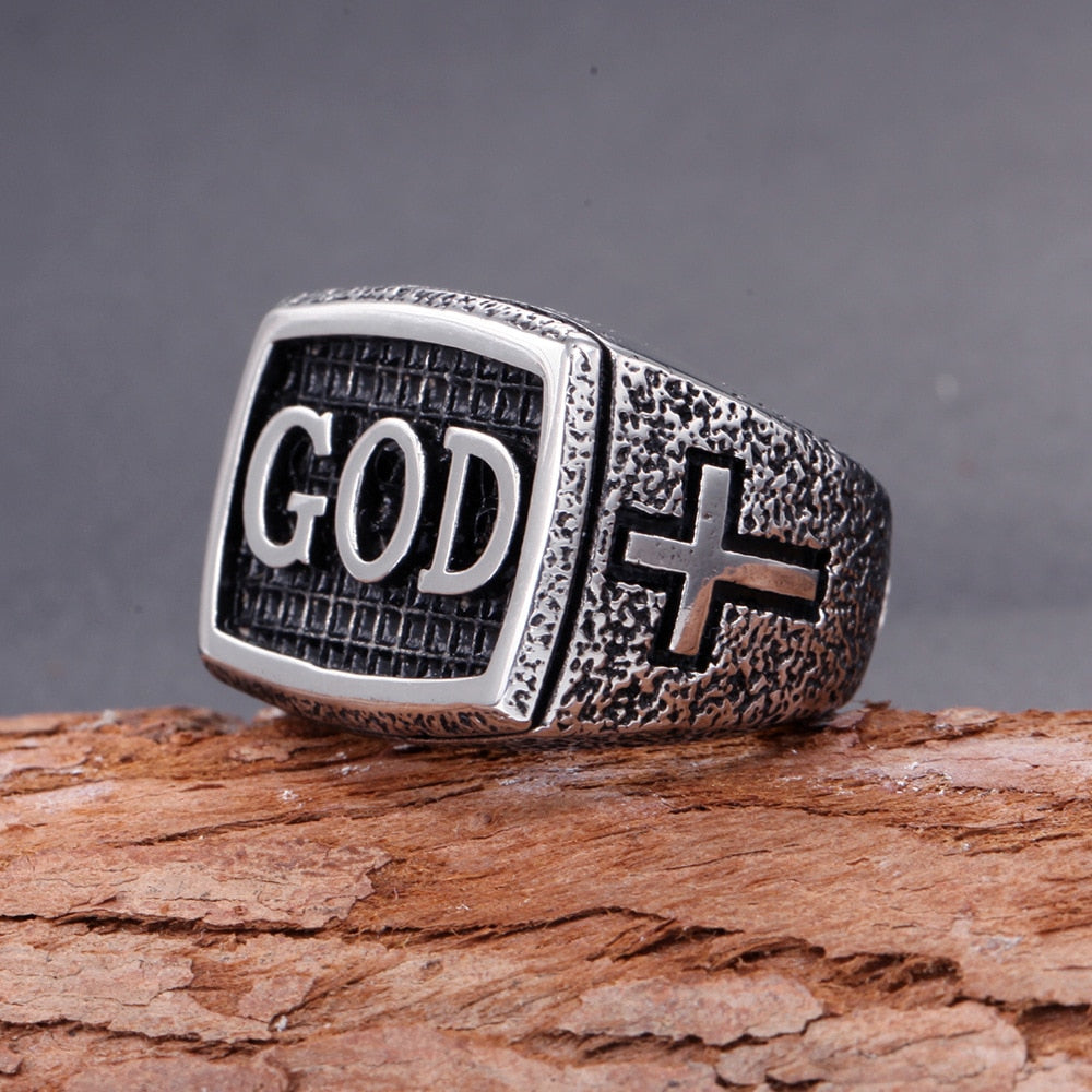 Stainless Steel Titanium Retro English Letter GOD Cross Vintage Rings for Men Women