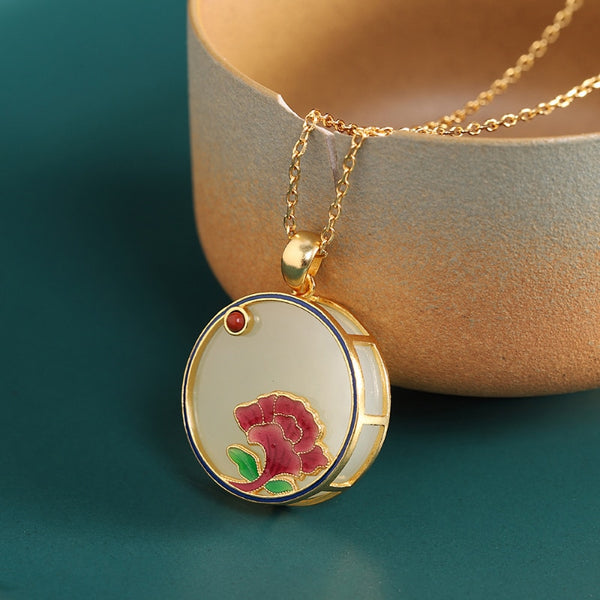 Enamel peony flower necklace