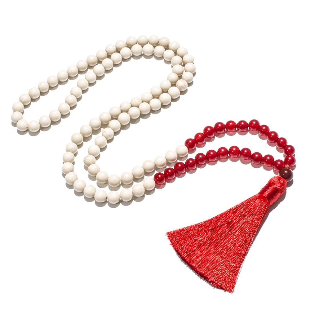 8mm White Fossil Red Agate Beaded 108 Mala Necklace