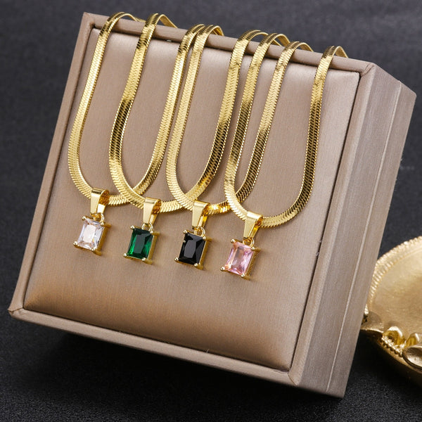 Snake Bone Chain Blade Chain Square Imitation Gemstone Pendant Necklace For Women