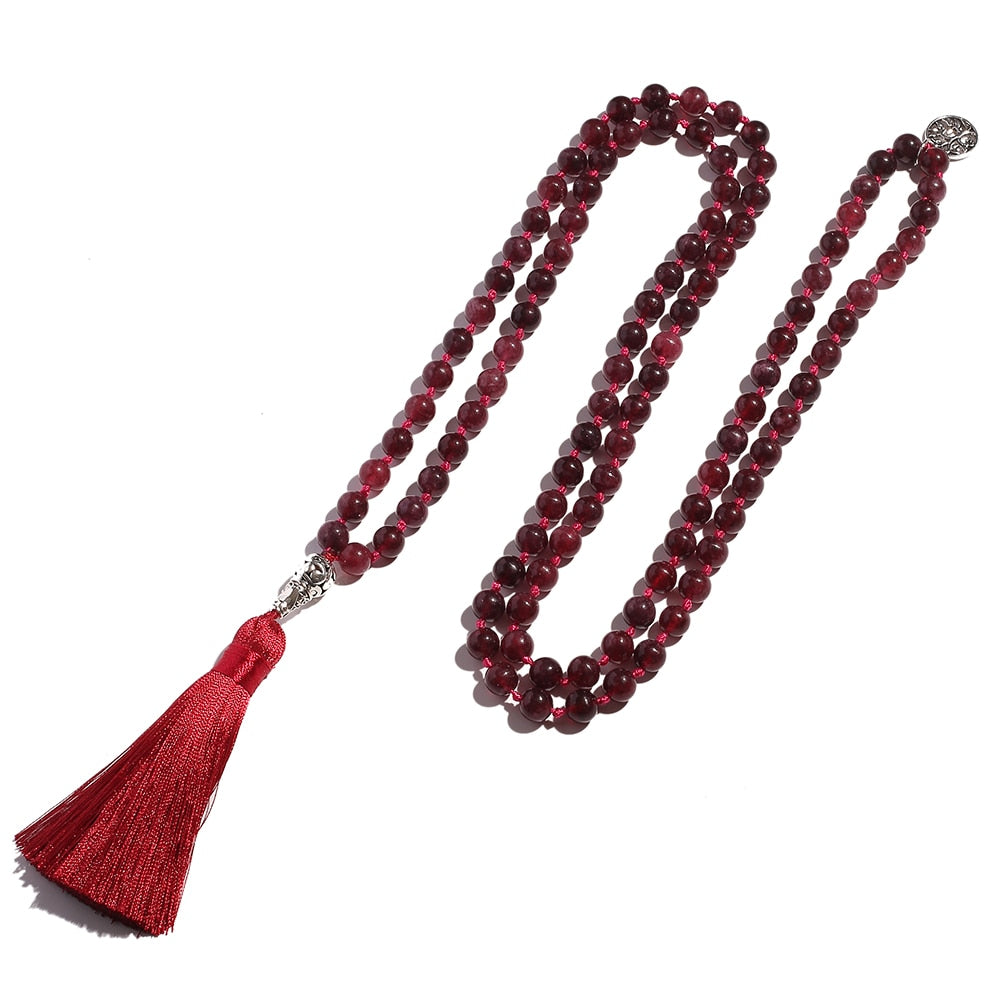 8mm Garnet Beaded Knotted 108 Mala Necklace Meditation Yoga Prayer Rosary Men and Women