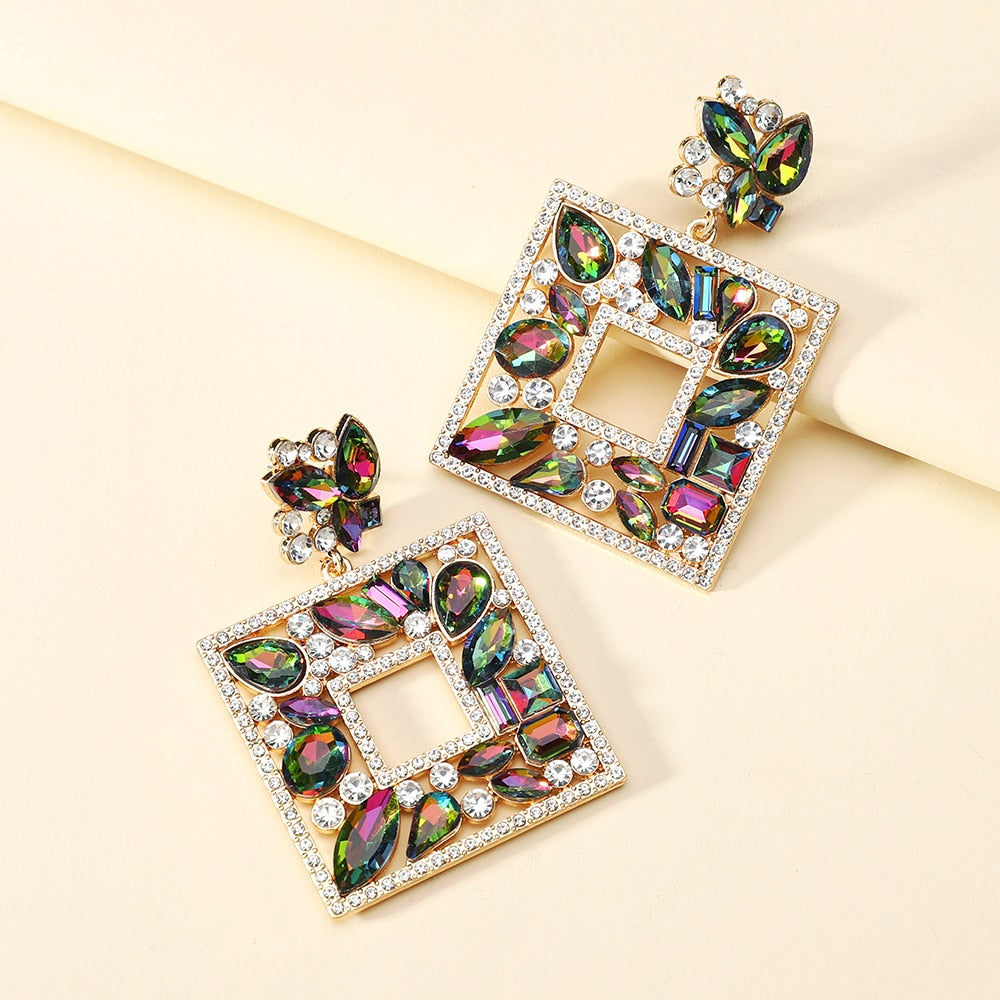 New Square Colorful Crystal Big Dangle Drop Earrings For Women