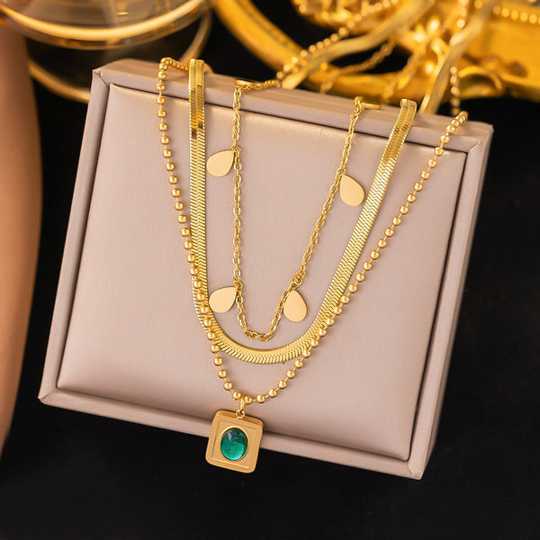 Gold Plated Multilayer Chain Vintage Emerald Rhinestone Pendant Neckalce For Women