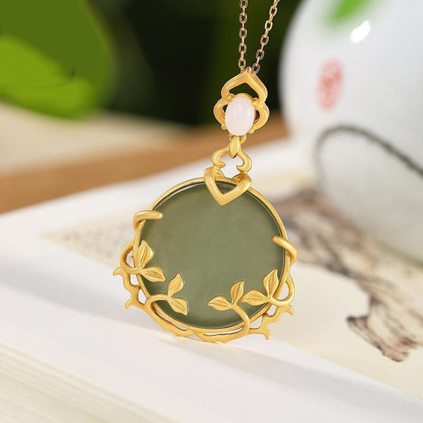 gold craftsmanship inlaid natural Hetian jade bamboo leaf necklace pendant