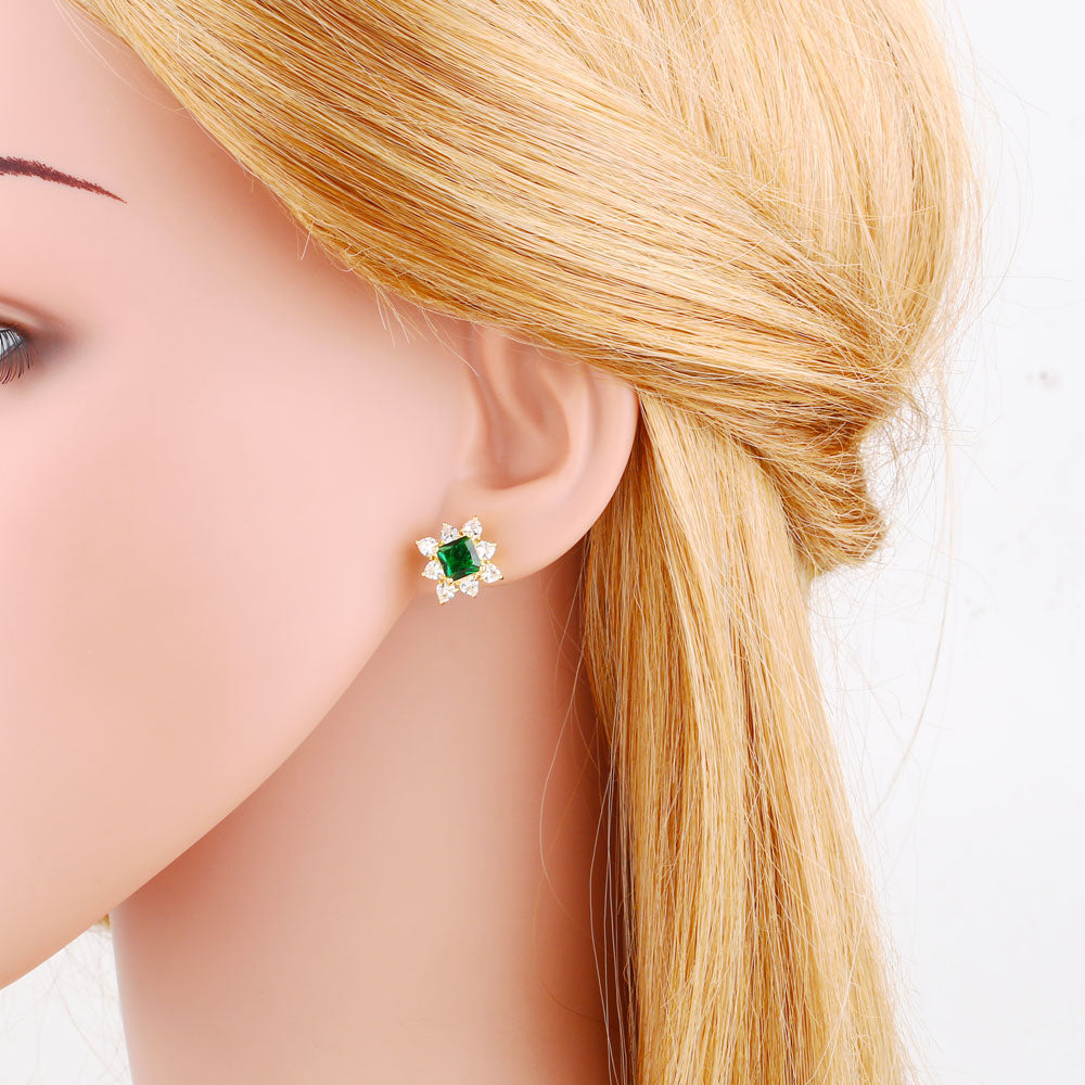 New Design Green Crystal Square Earrings Studs Copper CZ Rhinestone Flower Ear Studs for Women