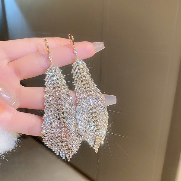 New Fashion Feather Crystal Tassel Drop Earrings Rhinestone Earrings For Women