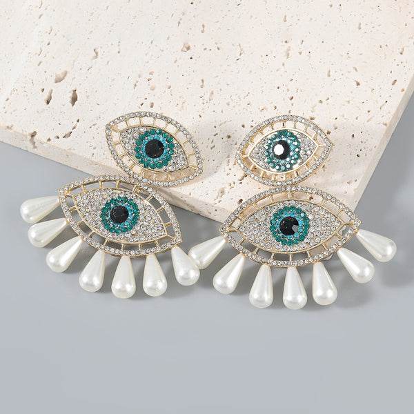 Fashion Metal Rhinestone Imitation Pearl Eye Earrings