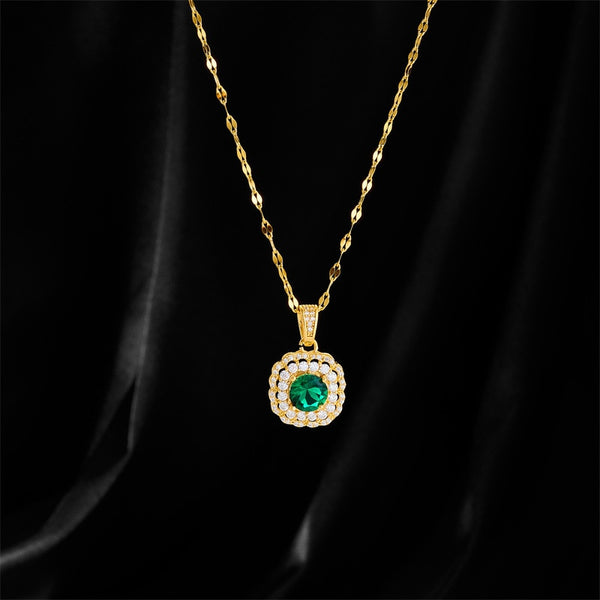 Gold Color Square Green Imitation Gemstone Pendant Necklace For Women