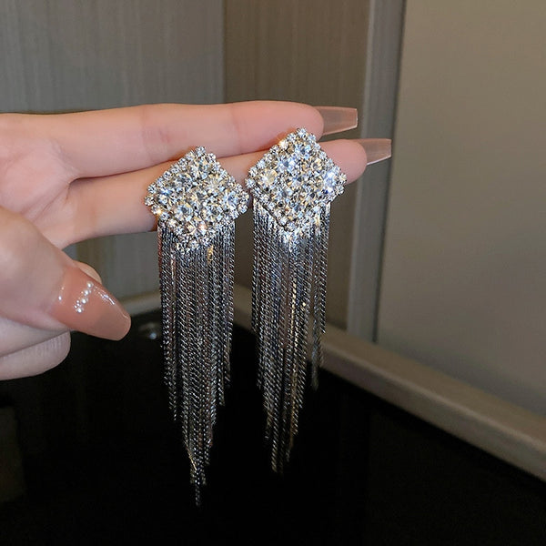 Fashion Long Tassel Rhinestone Drop Earrings Simple Geometric Crystal Earrings for Women