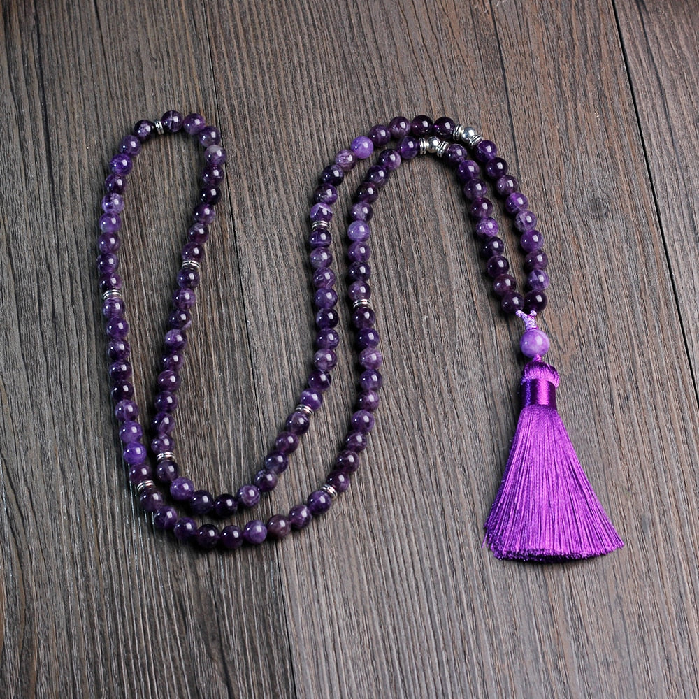 8mm Amethyst Necklace with tassel, Peaceful Heart Calming JaPaMala