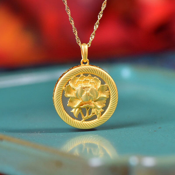 Ancient gold craft inlaid rich flowers natural Hetian jade peony necklace pendant