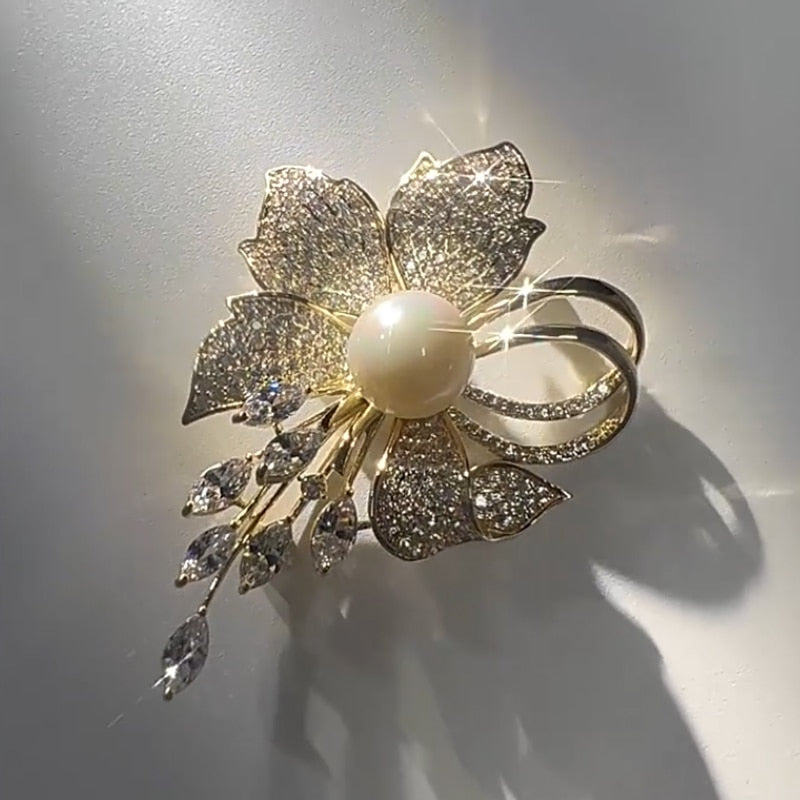 Copper Micro-Set Cubic Zirconia Luxury Flowers Imitation Pearl Brooch