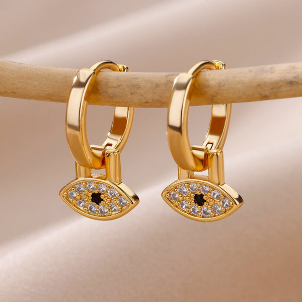 Evil Eyes Gold Color Hoop Earrings Set Metal Dangle Copper Zircon Earring