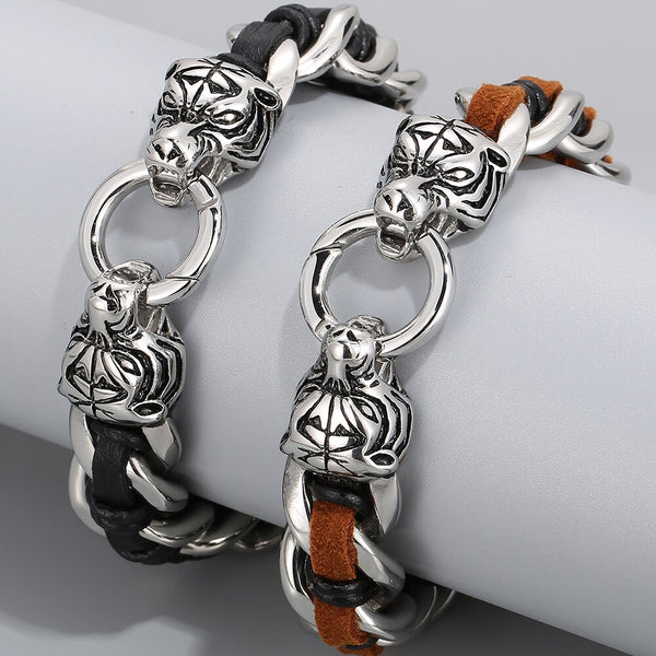 16MM Tiger Head Man Bracelet Handmade Leather & 316L Stainless Steel Men's Wrist Bracelets